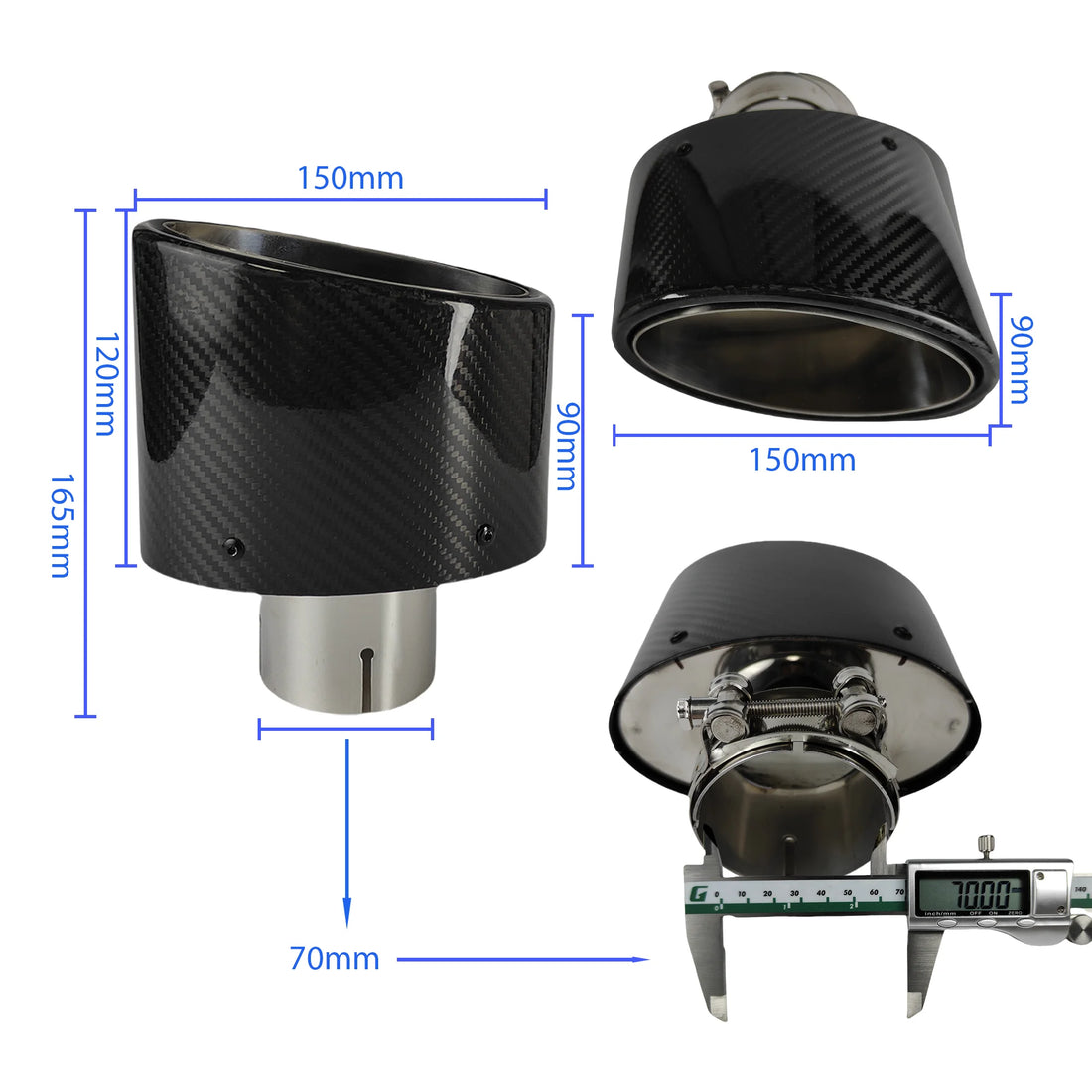 1Pcs Universal Car Glossy Carbon Fiber Muffler Tip Exhaust Pipe Nozzle Decoration Stainless Silver Oval 150mm Tilting Left Right