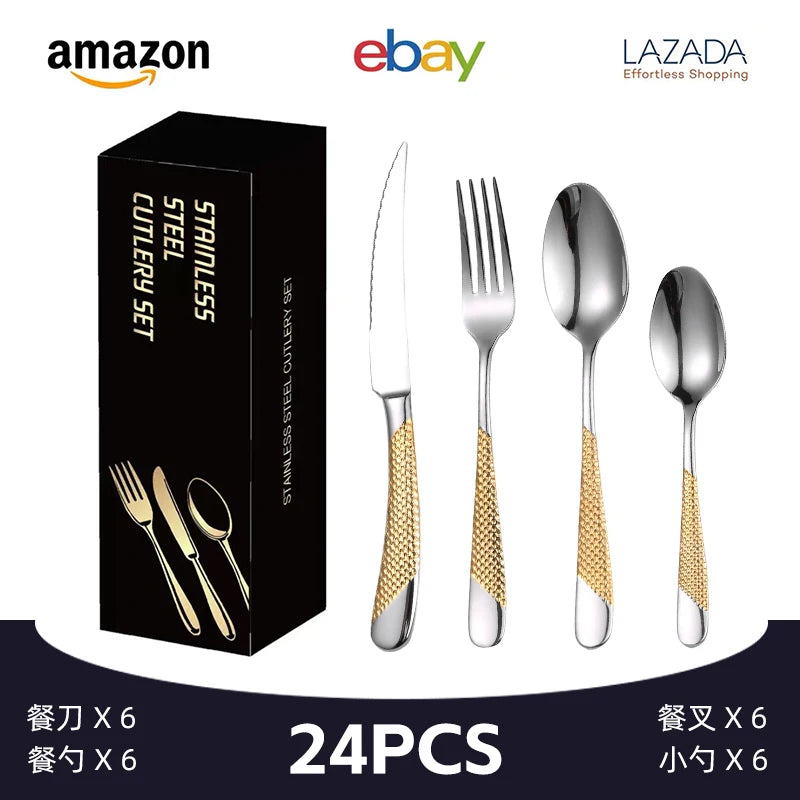 Gold plated 24pcs Cutlery set fashion middle east and Europe cutlery stainless steel black color 24pcs set with gift box