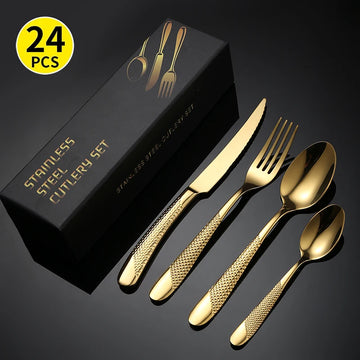 Gold plated 24pcs Cutlery set fashion middle east and Europe cutlery stainless steel black color 24pcs set with gift box