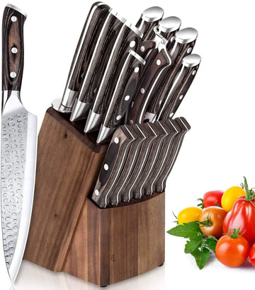 16-Piece Stainless Steel Knife Set with Built-in Sharpener and Wooden Block