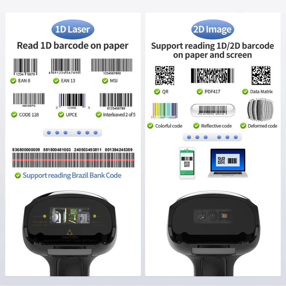 Xincode Wireless 1D Barcode Scanner QR Bar Code Scanner 2D Barcode Reader for Pos Supermarket Warehouse
