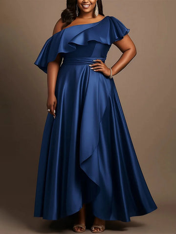Elegant Women Plus Size Evening Dress Satin Ruffle One Shoulder Vintage Casual Party Cocktail Long Dress Short Sleeve Blue Dress