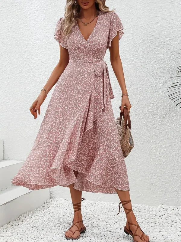 Plus Size 1XL-5XL Women V-Neck Floral Print Dress Breathable Summer Casual Elegant Dress Sophisticated Style Long Beach Dress