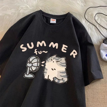 Korean Minimalist Cartoon Cute Cat Printed Summer T-shirt Casual Round Neck Short Sleeves Creative Fashion Women's Clothing