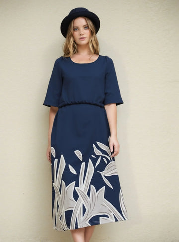 2025 European and American Summer Women's New Casual Floral Round Neck Mid-Length Straight Dress