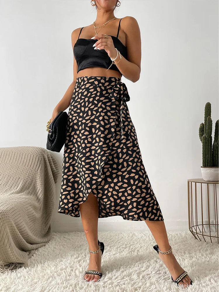 Benuynffy Boho Women Casual Print Tie Side Wrap Skirt Elegant High Waist Female Summer Asymmetrical Knee Length A-Line Skirts