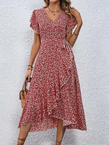 Plus Size 1XL-5XL Women V-Neck Floral Print Dress Breathable Summer Casual Elegant Dress Sophisticated Style Long Beach Dress