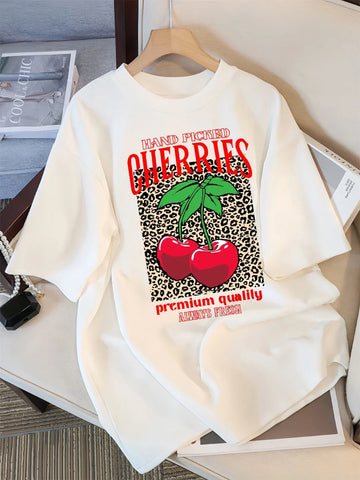 T-shirt with Hand Picked Cherry Print for Women T-shirts with Round Neck Loose Summer Clothing Short Sleeve Multicolor