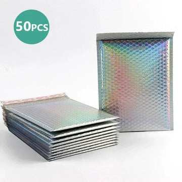 50pcs Small Business Supplies Holographic Mailer Laser Shipping Packaging Bubble Envelope Bags Mailing Office School