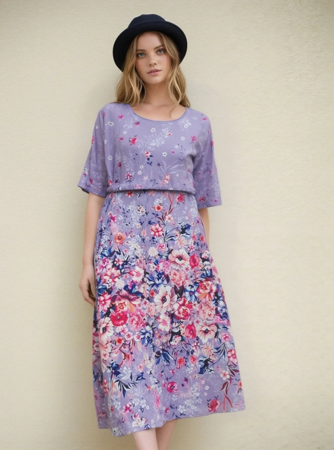 2025 European and American Summer Women's New Casual Floral Round Neck Mid-Length Straight Dress