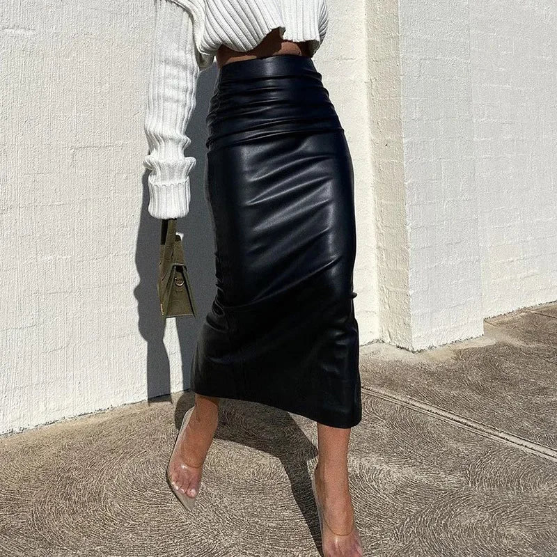 Fashion Autumn Sexy High Waist Bodycon Skirt Women Slim-fit Solid Color Slit PU Leather Long Skirt Black/White