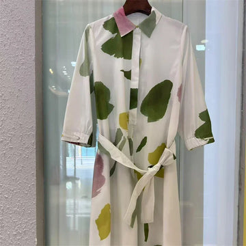 100% Cotton Women's Fashion Contrast Printed Single Breasted Dress Half Sleeve Female High Waisted A-Line Robe with Belt