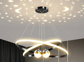 Modern Living Room Ring Chandelier with Moon Stars Creative Black/Gold Ring Circle LED Chandelier Light for Bedroom Dining Room