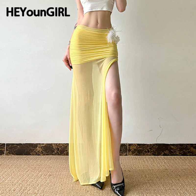 HEYounGIRL Holiday Women Folds Bodycon Long Skirt Yellow Mesh Patchwork High Slit Flowing Skirt Aesthetic Sexy Fashion Clubwear