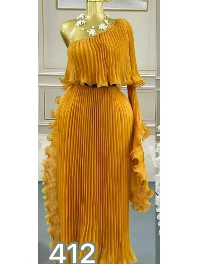 Miyake Fashion Design Dress Slanted Shoulder Solid Color Loose Women's Clothing Medium Length Elegant Dresses 2025 Summer New