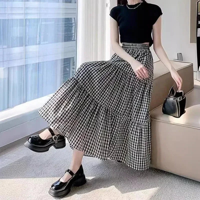 Black White Plaid Skirt Women Summer A-line Half Skirts Slim Temperament Fashion Fold Student Dress Female Clothes