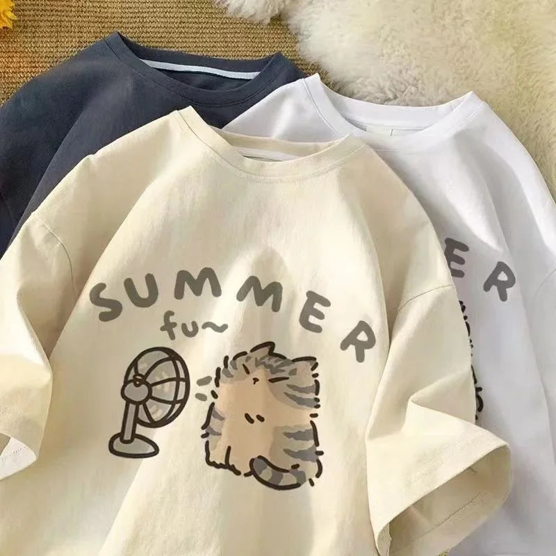 Korean Minimalist Cartoon  Cute Cat Printed Summer T-shirt Casual Round Neck Short Sleeves Creative Fashion Women's Clothing
