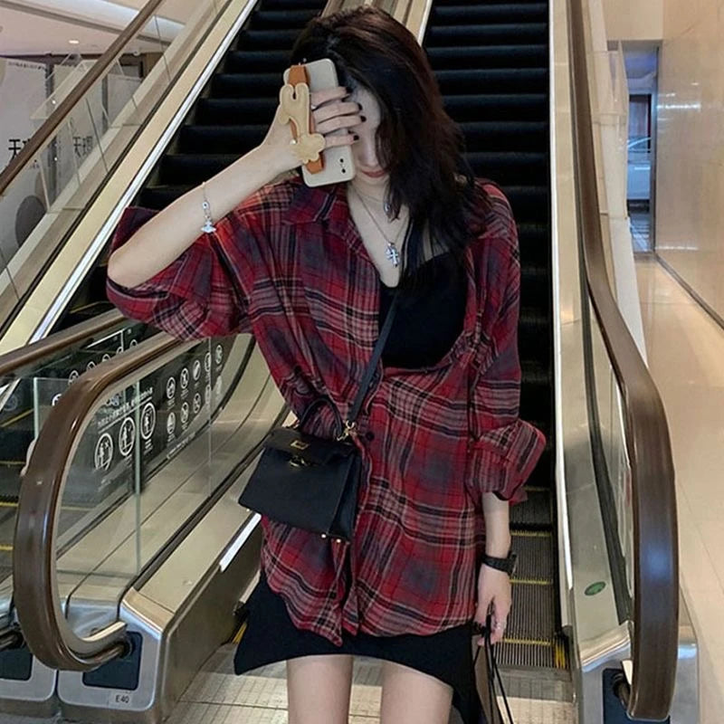 2024 Summer Autumn New Women's Shirt Thin Casual Street Style Shirt Outer Top Checkered Shirt Cardigan Coat for Women