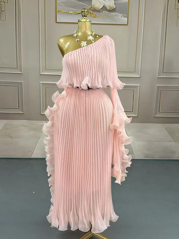 Miyake Fashion Design Dress Slanted Shoulder Solid Color Loose Women's Clothing Medium Length Elegant Dresses 2025 Summer New