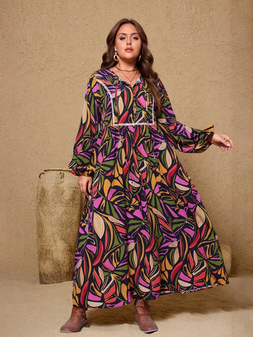 Plus Size 2025 Summer New Women Digital Printing Fashion Casual Dress Long Women Polyester Material Front Buttons