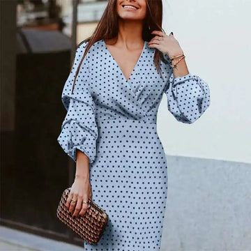 2019 New Spring/summer V-neck Polka Dot Lantern Seven Quarter Sleeve Mid Length Dress 2025 Summer Dress Robe Vestido Women Party