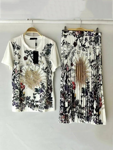 Women's Retro Geometric Print Straight Neck Short Sleeved Two-piece Set+high Waist Loose Pleated Skirt 2025 Summer Fashion Set