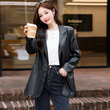 THEME 21 Women Super Leather Coats New Fashion Single Breasted Quality Blazer Good Soft Handfeel Jacket 2025 Fall/Winter Women's
