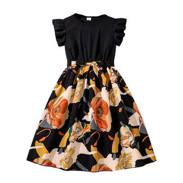 Girls Dress Black Knitted Belted Patchwork Printed Dress Vintage Style Trendy Tween Girls Dress Daily Outgoing Baptism Clothes