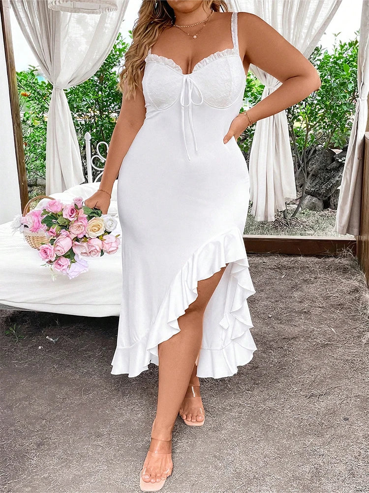 Plus Size 2024 Summer New Women's Solid Colour Hem Spaghetti Strap Dress Sling V Neck Slit Dresses Best for Summer