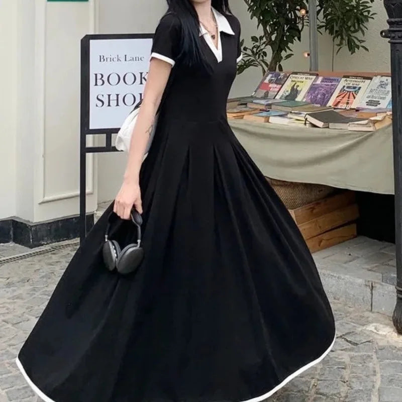 Plus Size Office Lady's Elegant Black Dress Short Sleeve Loose Pleated Midi Dress Casual Matching Dress Vintage Hepburn Dress