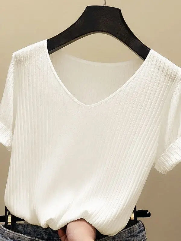 Knitted short sleeve Women V-Neck T Shirts 2025 Blue Slim Black thin knit Orange Tops Ladies Summer Camiseta Summer T shirts