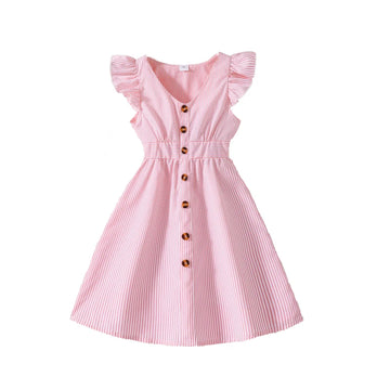 Girl Dress Summer New Light Blue Stripe Ruffled Sleeveless V-Neck Dress Elegant Cute Daily Casual Vacation Preppy Style Outifits