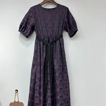 Tassel Beaded Belt Women Retro Jacquard Midi Dress Round Neck Short Puff Sleeve Ladies Slim High-Waisted A-Line Robe