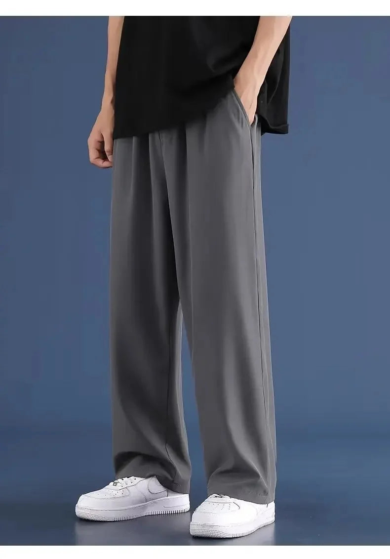 Trendy Loose-Fit Men's Casual Pants Summer Thin Style Ice Silk Long Pants Elastic Straight Leg Quick Dry Plus Size