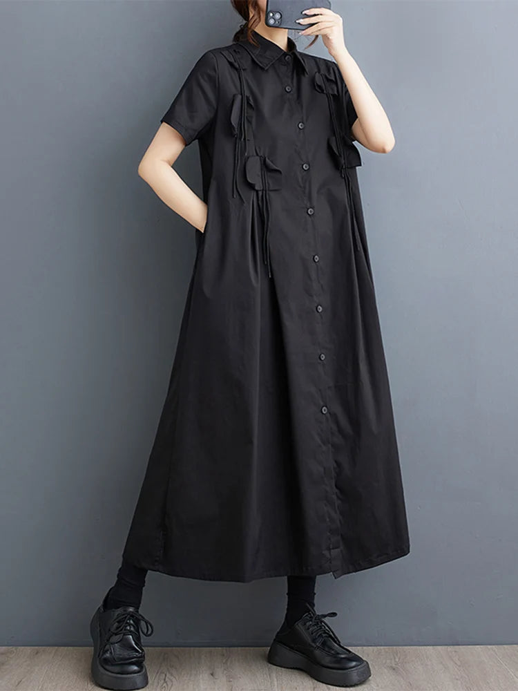 Black Vintage Spliced Shirt Dresses For Women Korean Fashion Short Sleeve Loose Casual Dress Elegant Clothing New Summer 2025