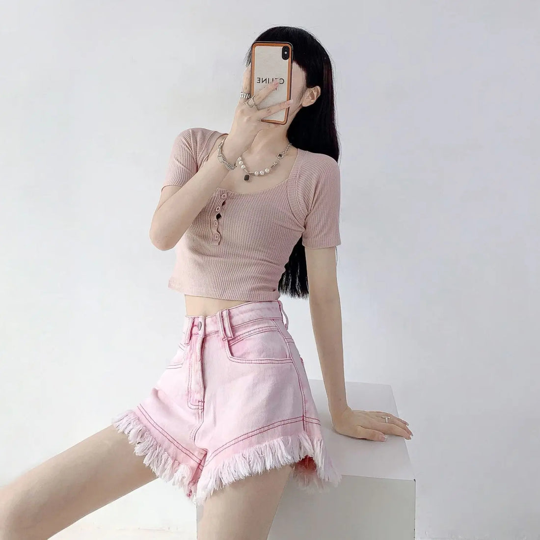 Pink Tassel Denim Shorts for Women with Breasted Straight High Waist A-line