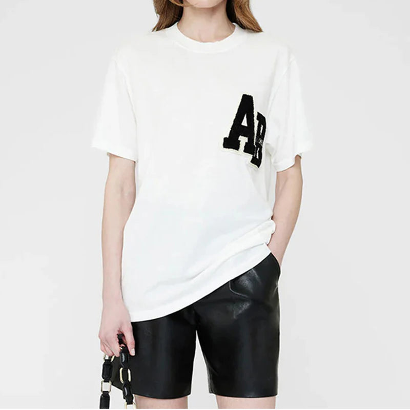 Summer North American niche AB special embroidery hand cranked letter embroidery cotton women's short sleeved T-shirt