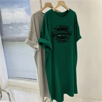 Plus Size Women's Summer Korean-Style Loose-Fit Short-Sleeve Printing T-Dress Casual Long Dress Medium-Length Side Slit Slimm...