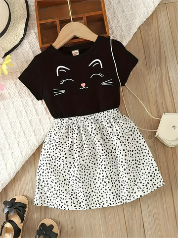 Girls 2-Piece Short Sleeve Top And Spotted Skirt, Smiling Kitten, Suitable For Girls Holiday Casual Dress, Costume Gift
