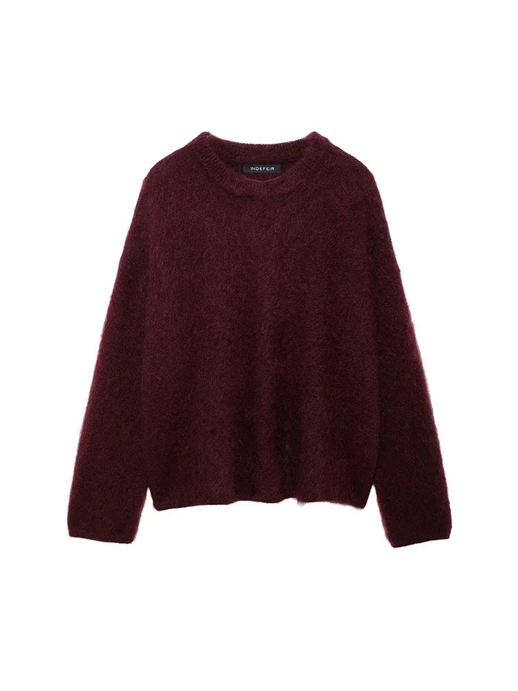 TRAF Women's Solid Colour Round Neck Sweater Commuter Style New Burgundy Pullover Long Sleeve Knit Sweater Casual Womenswear