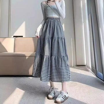 Black White Plaid Skirt Women Summer A-line Half Skirts Slim Temperament Fashion Fold Student Dress Female Clothes