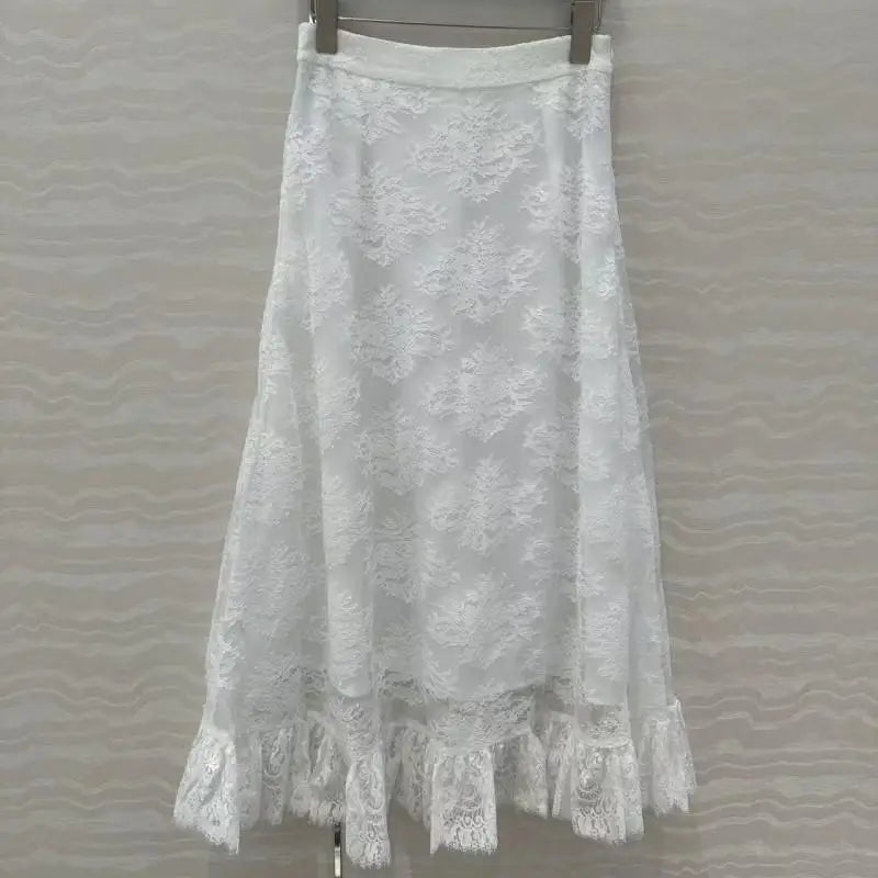 25-year-old summer new style lace-trimmed A-line high-waisted slimming long dress with skirt hem