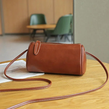 Lady Cowhide Genuine Leather Popular Cylinder Bags Women Retro Trendy Messenger Bag Female Designer Shoulder Handbag for Ladies