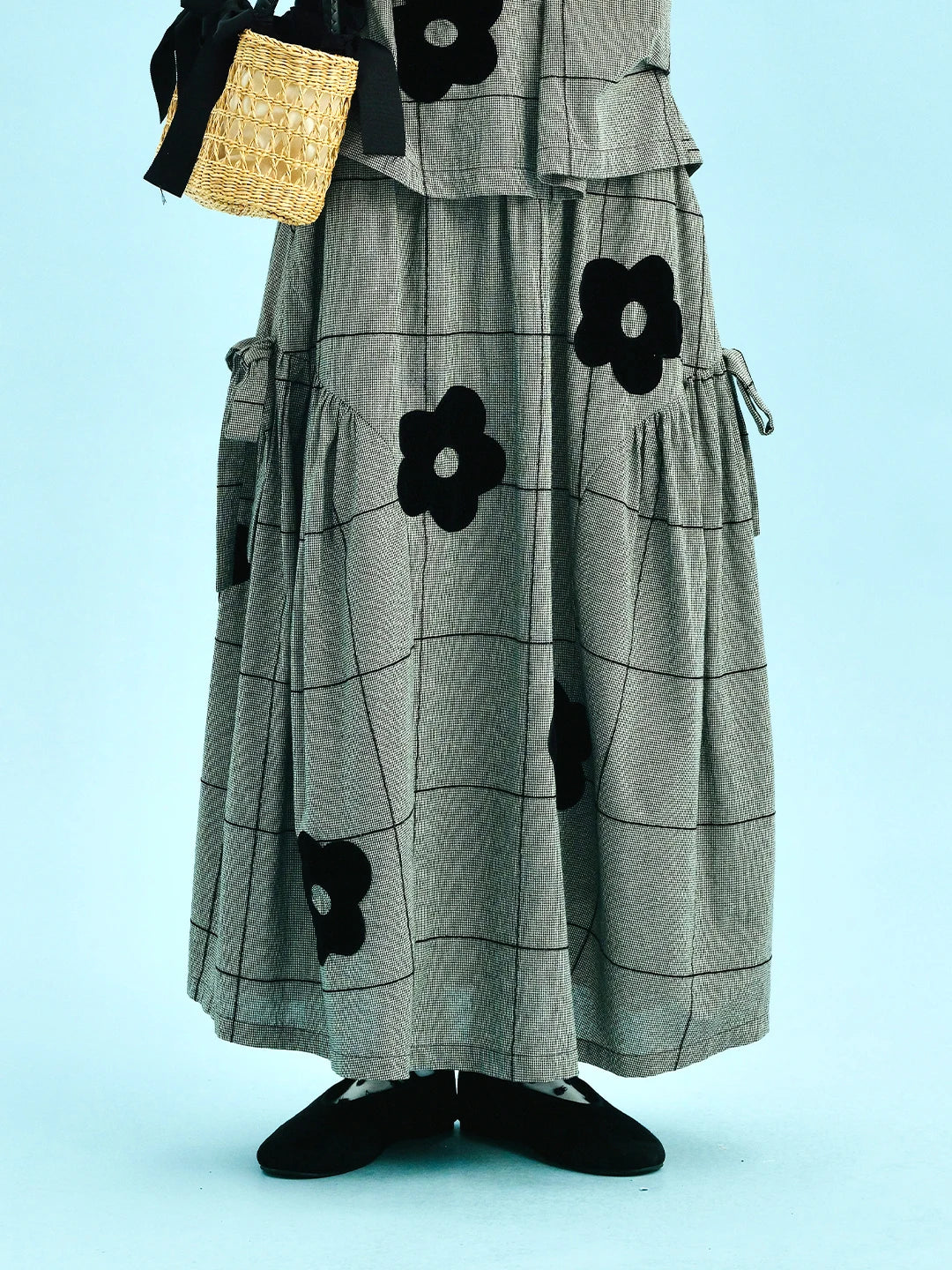 Half length skirt 2025 imakokoni summer Japanese style loose cotton linen plaid plush applique skirt 255010