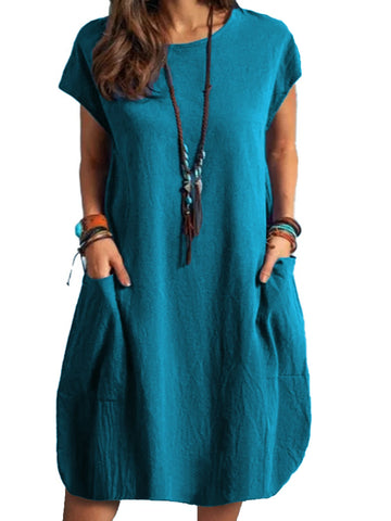 2025 Europe and America Cross border Foreign Trade New Casual Round Neck Loose Solid Pocket Dress