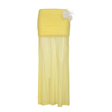 HEYounGIRL Holiday Women Folds Bodycon Long Skirt Yellow Mesh Patchwork High Slit Flowing Skirt Aesthetic Sexy Fashion Clubwear