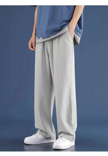 Trendy Loose-Fit Men's Casual Pants Summer Thin Style Ice Silk Long Pants Elastic Straight Leg Quick Dry Plus Size