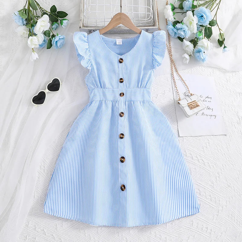 Girl Dress Summer New Light Blue Stripe Ruffled Sleeveless V-Neck Dress Elegant Cute Daily Casual Vacation Preppy Style Outifits