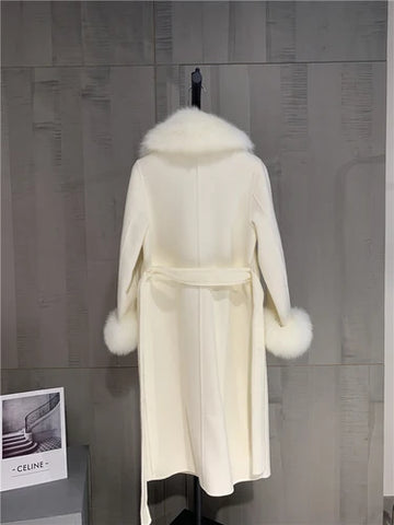 2023 Women Big Real Fox Fur Collar Fashion Winter Long Jacket Wool Cashmere Blended Coat Double Breasted Belt Outwear Cuffs
