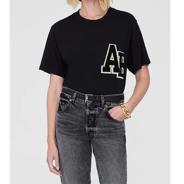 Summer North American niche AB special embroidery hand cranked letter embroidery cotton women's short sleeved T-shirt